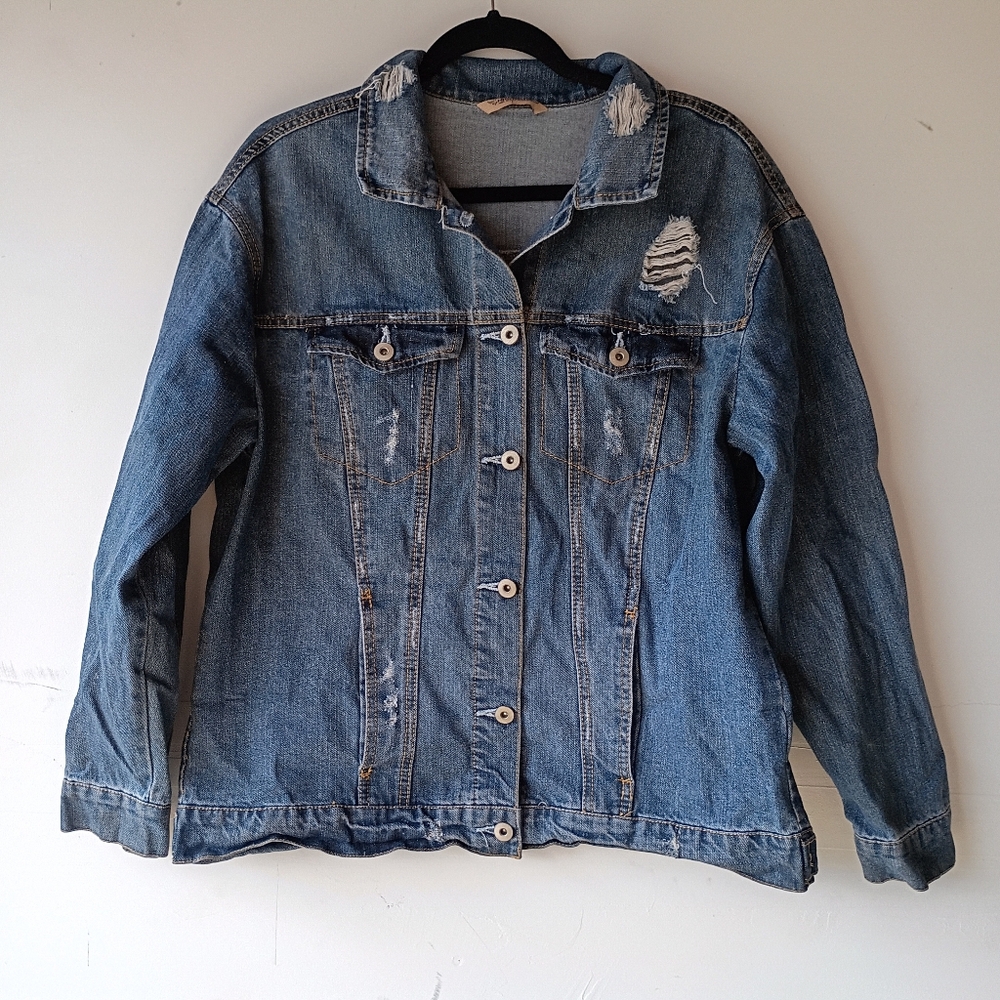 Highway Jeans‎ Distressed Denim Jacket Medium Wash Button Up Size Large